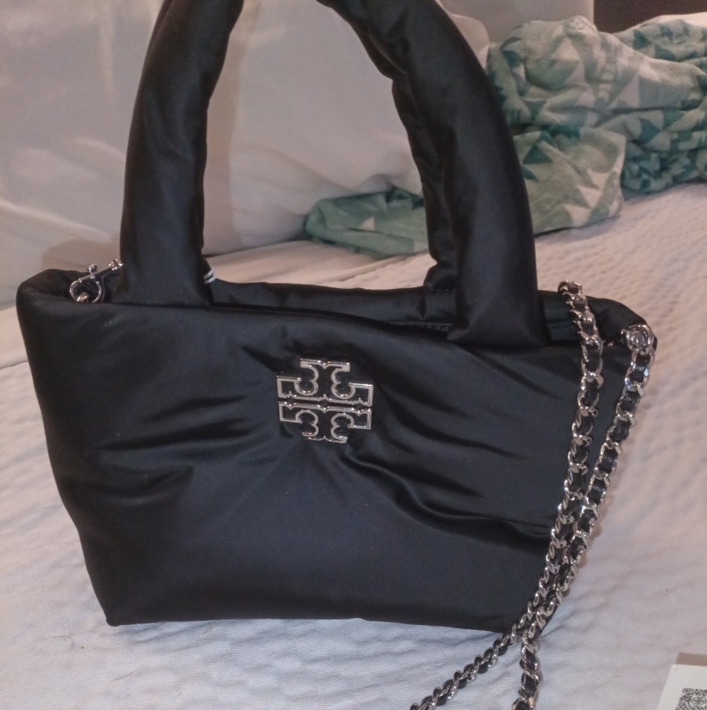 Tory Burch Black Quilted Nylon Mini Tote with Silver Chain Strap and Logo